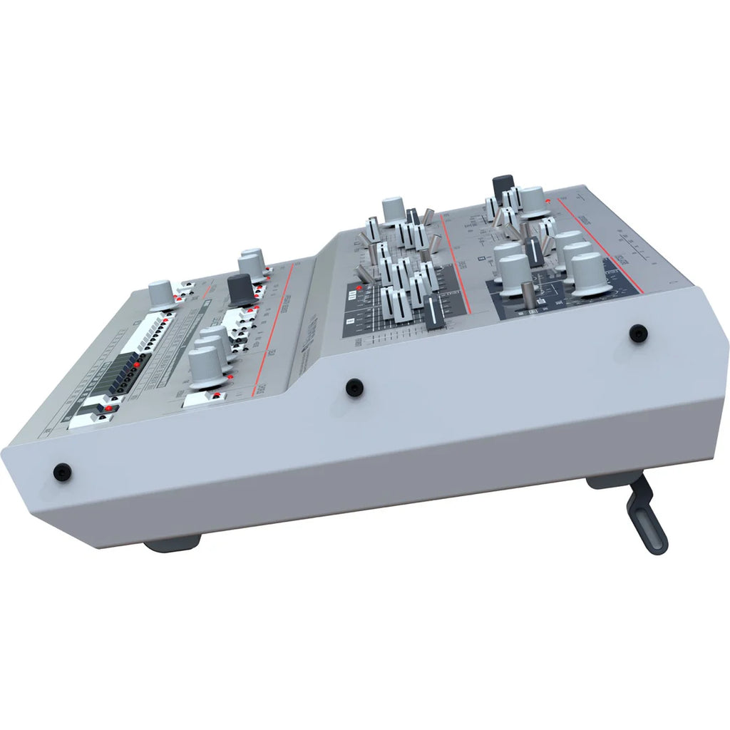 Right top view of the UDO Audio Super 6 desktop synthesizer showing its control panel and sleek design.