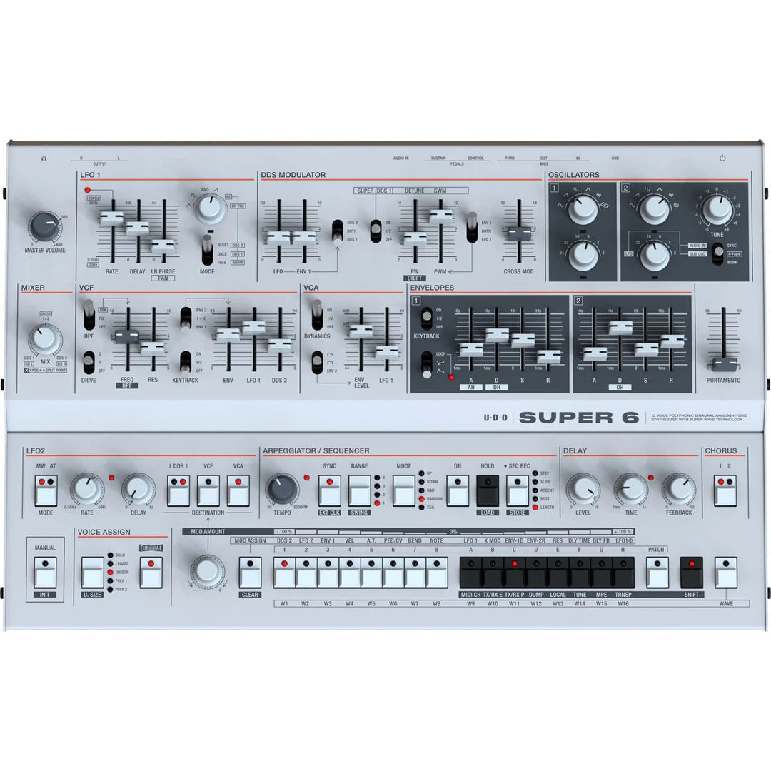 UDU Audio Super 6 desktop synthesizer with multiple knobs and controls, showing its sleek black design and interface.