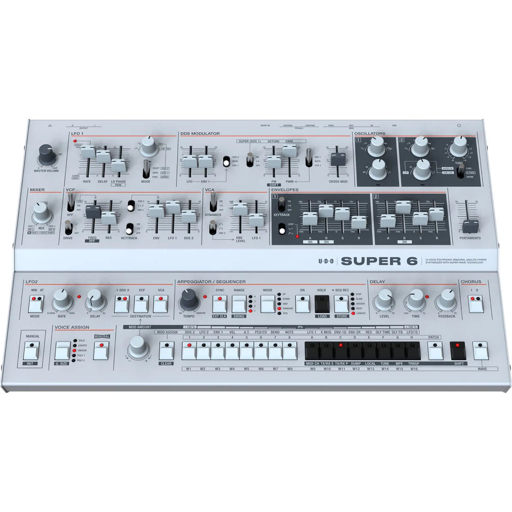 UDO Audio Super 6 Desktop synthesizer front view showing its control panel, knobs, and keyboard layout.