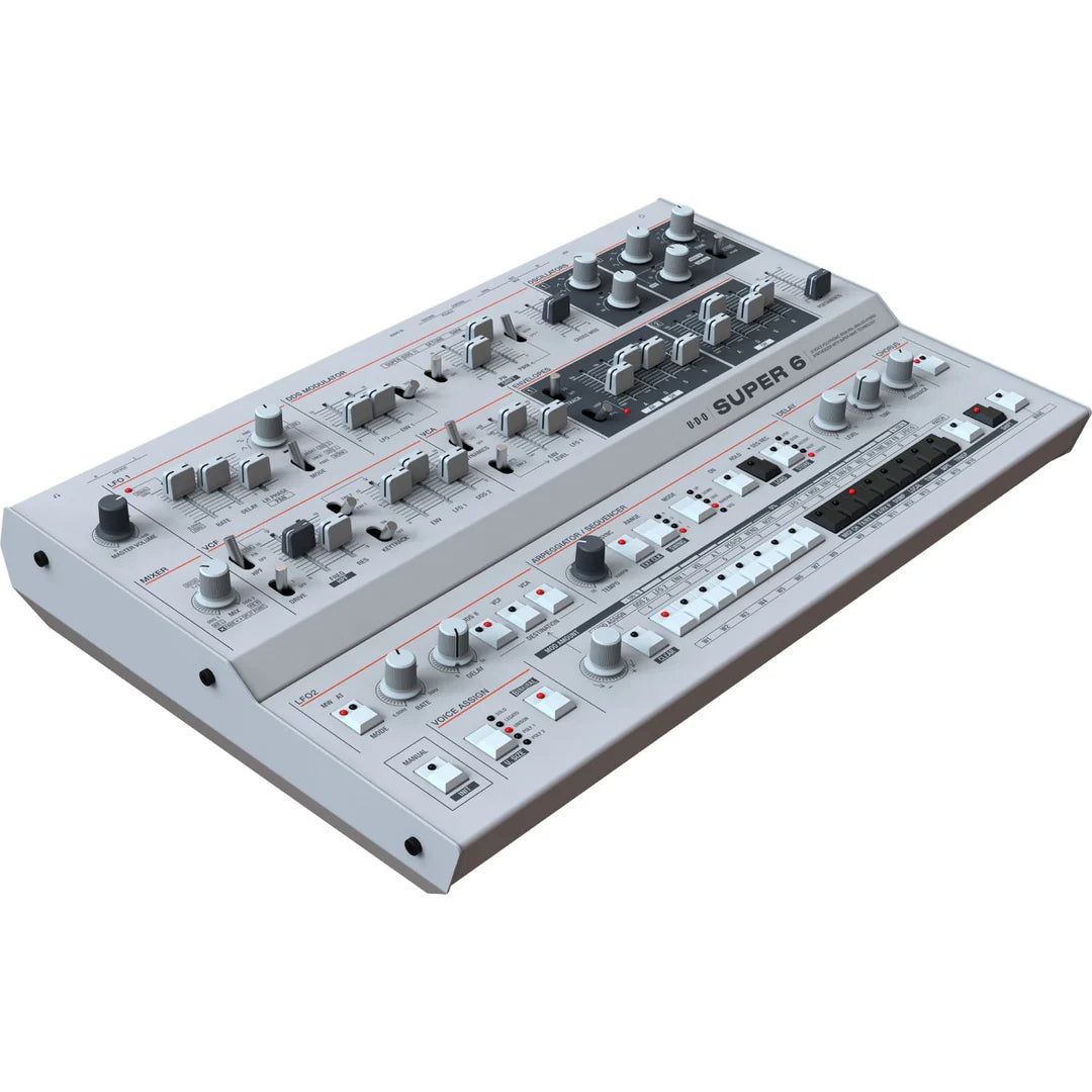 UDO Audio Super 6 Desktop synthesizer shown from the top left front, featuring its sleek design and controls.