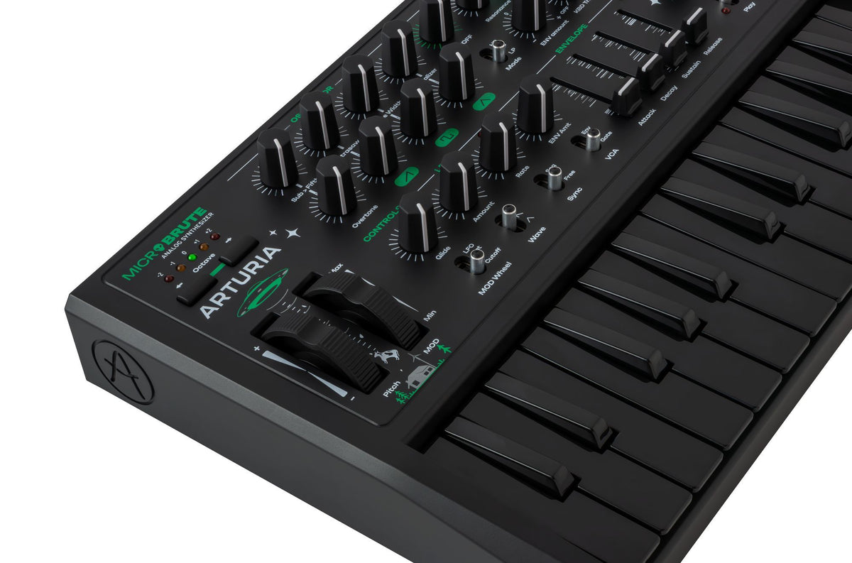 Arturia MicroBrute UFO keyboard synthesizer with knobs, switches, and LED display, showcasing its compact design and control panel.