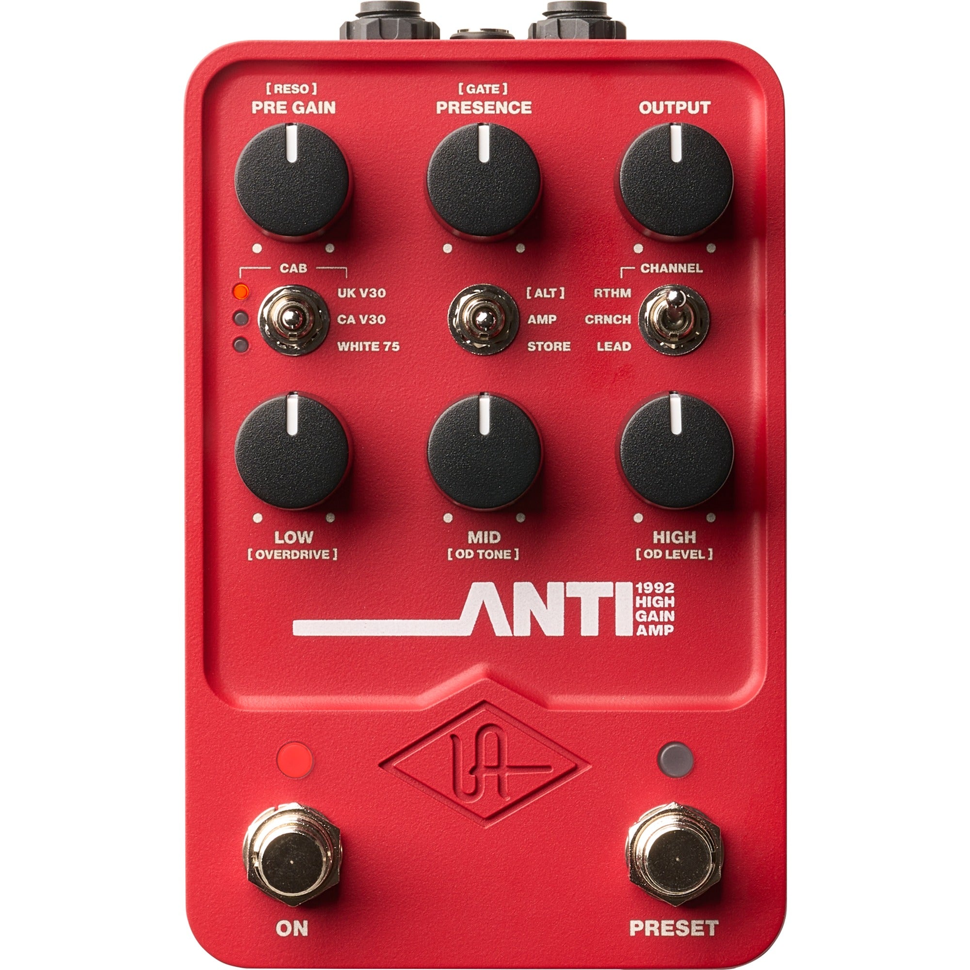Universal Audio UAFX ANTI 1992 high gain amp effects pedal with rugged design and control knobs for versatile guitar tone.