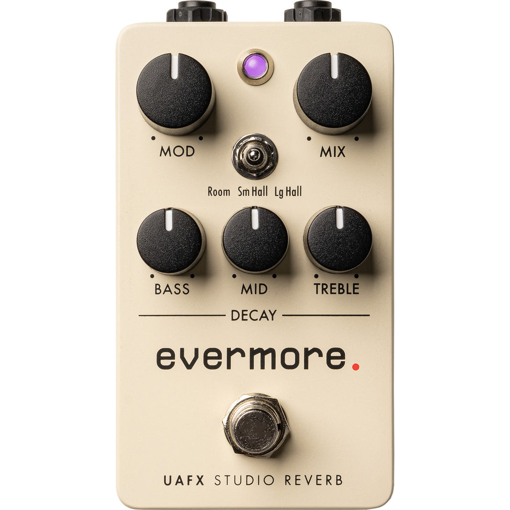 Universal Audio UAFX Evermore Studio Reverb effects pedal, showing controls and sleek design for guitar and studio use.