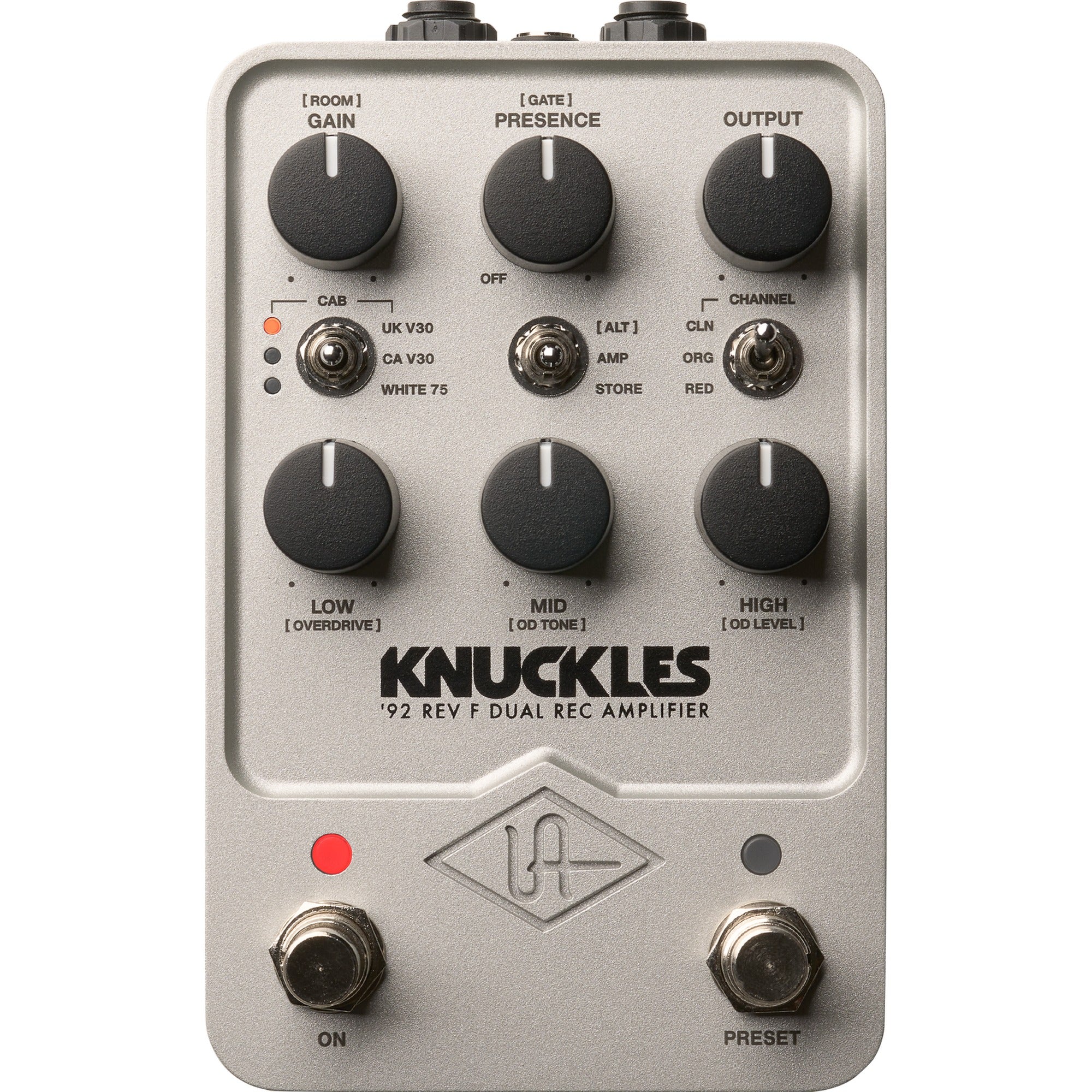 Universal Audio UAFX Knuckles '92 Dual Rec amplifier effects pedal, shown with controls and input/output jacks.