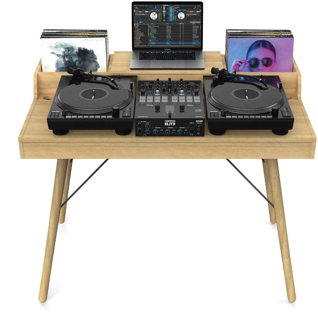 Glorious Vintage Music Station features sleek wood design with spacious surfaces for studio equipment and vinyl records.