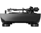 Reloop RP-7 DJ turntable with a sleek black design, tonearm, and control knobs for professional vinyl mixing.