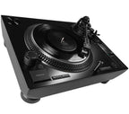 Reloop RP-7 DJ turntable with professional tonearm and platter, featuring control knobs and sleek black finish.