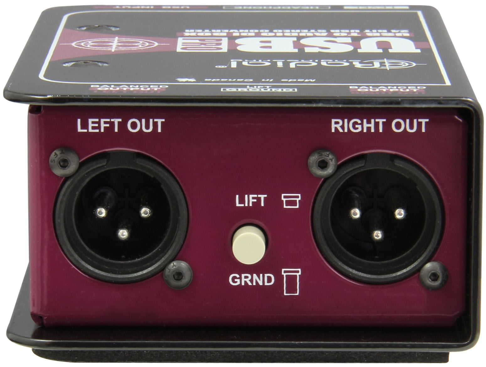 Back view of Radial Engineering USB-Pro DI box showing input and output ports for professional audio and USB audio interface.