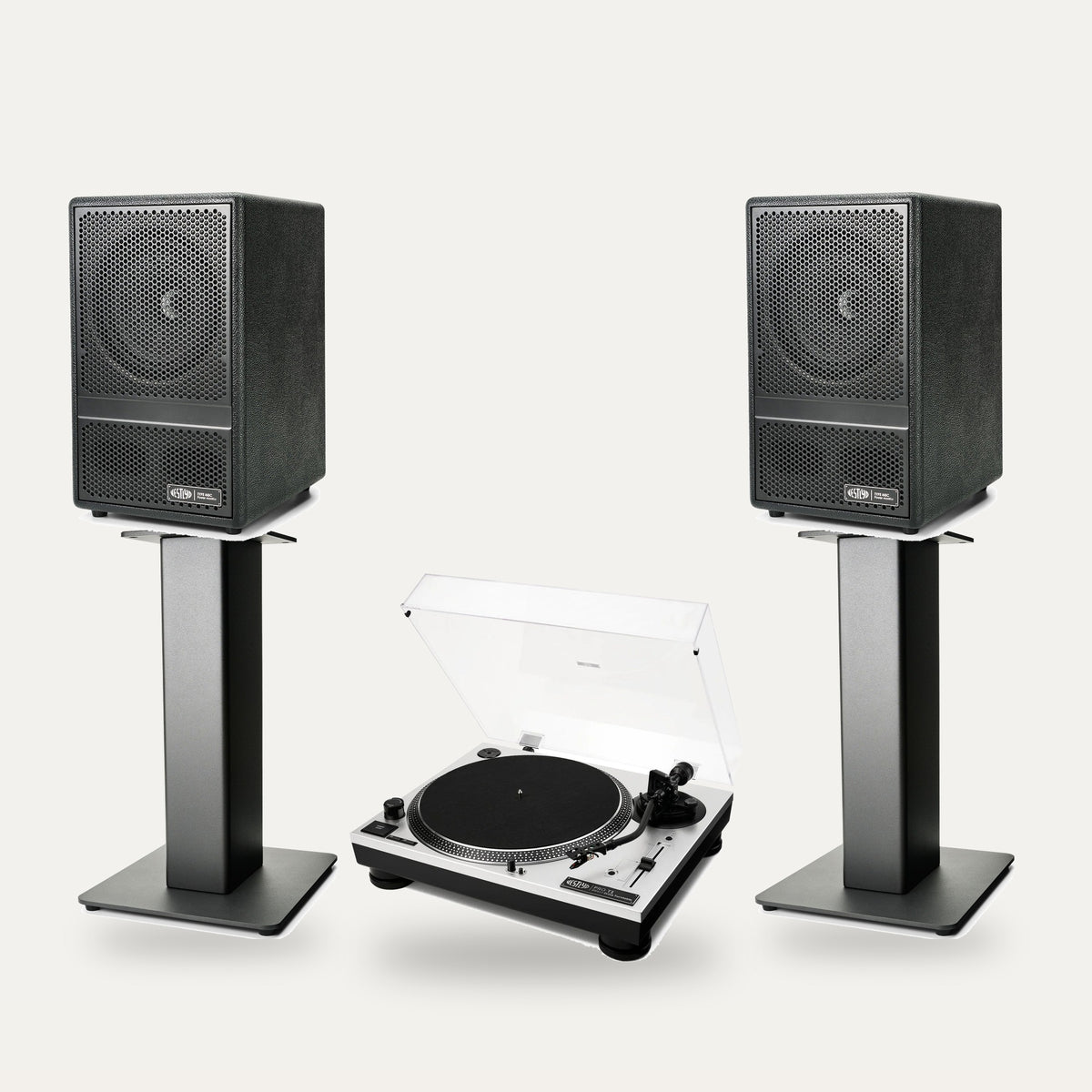 Vestlyd Vinyl Setup: Pro T1 turntable in Silver with M8C Active speakers in Black on M-Stands
