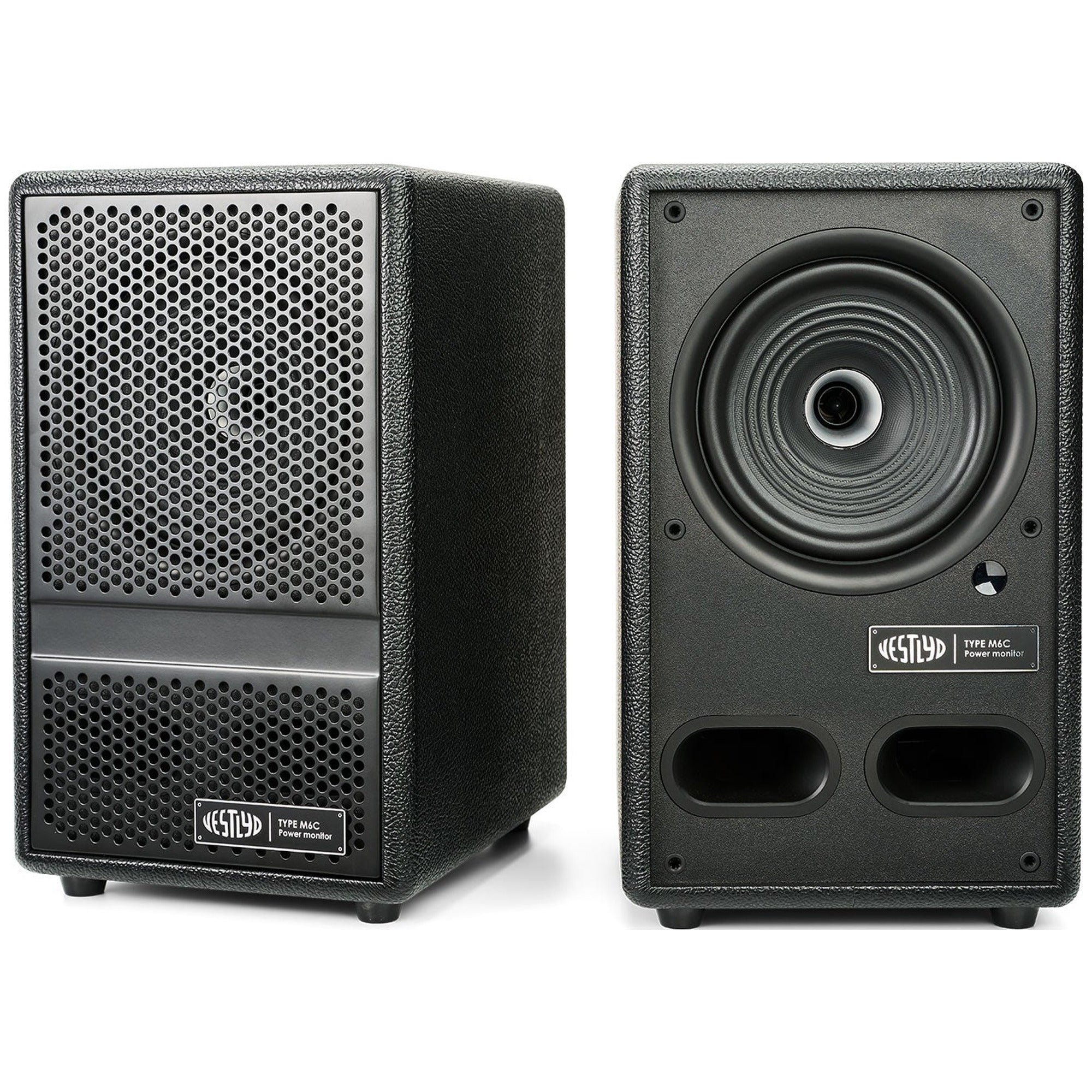 Vestlyd M6C Active powered speakers in Black — front grille and driver view of the pair