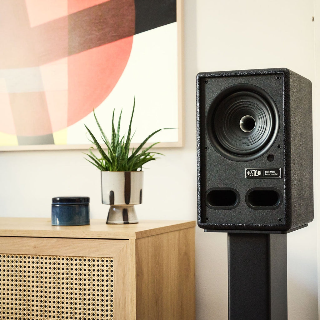 Vestlyd M6C Active in Black on a floor stand next to a sideboard in a living room