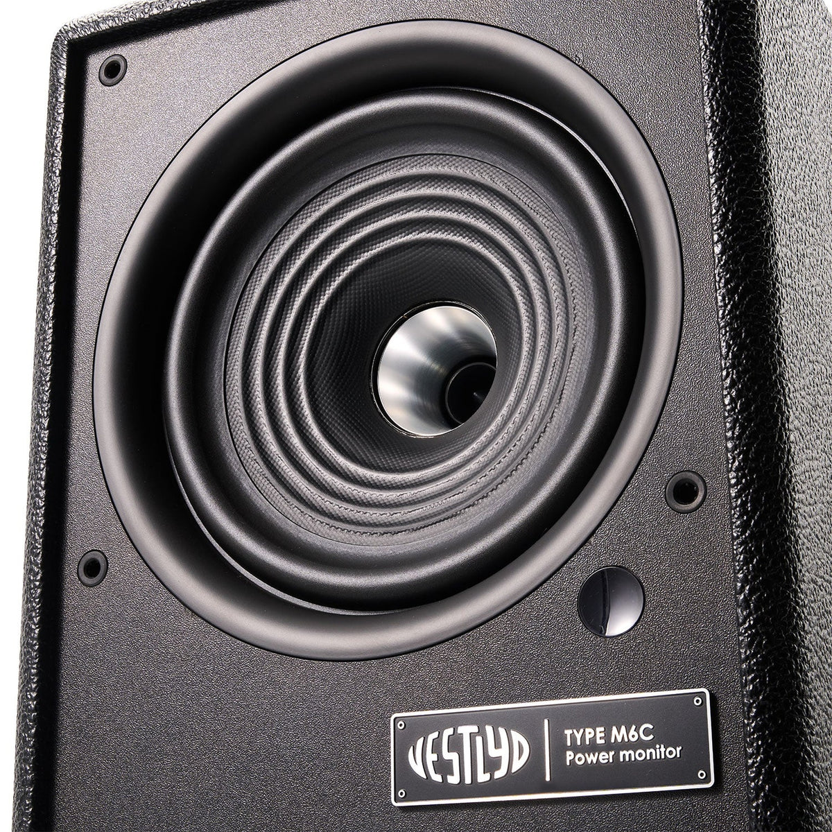 Close-up of the Vestlyd M6C Active 6.5-inch coaxial paper woofer with titanium dome tweeter