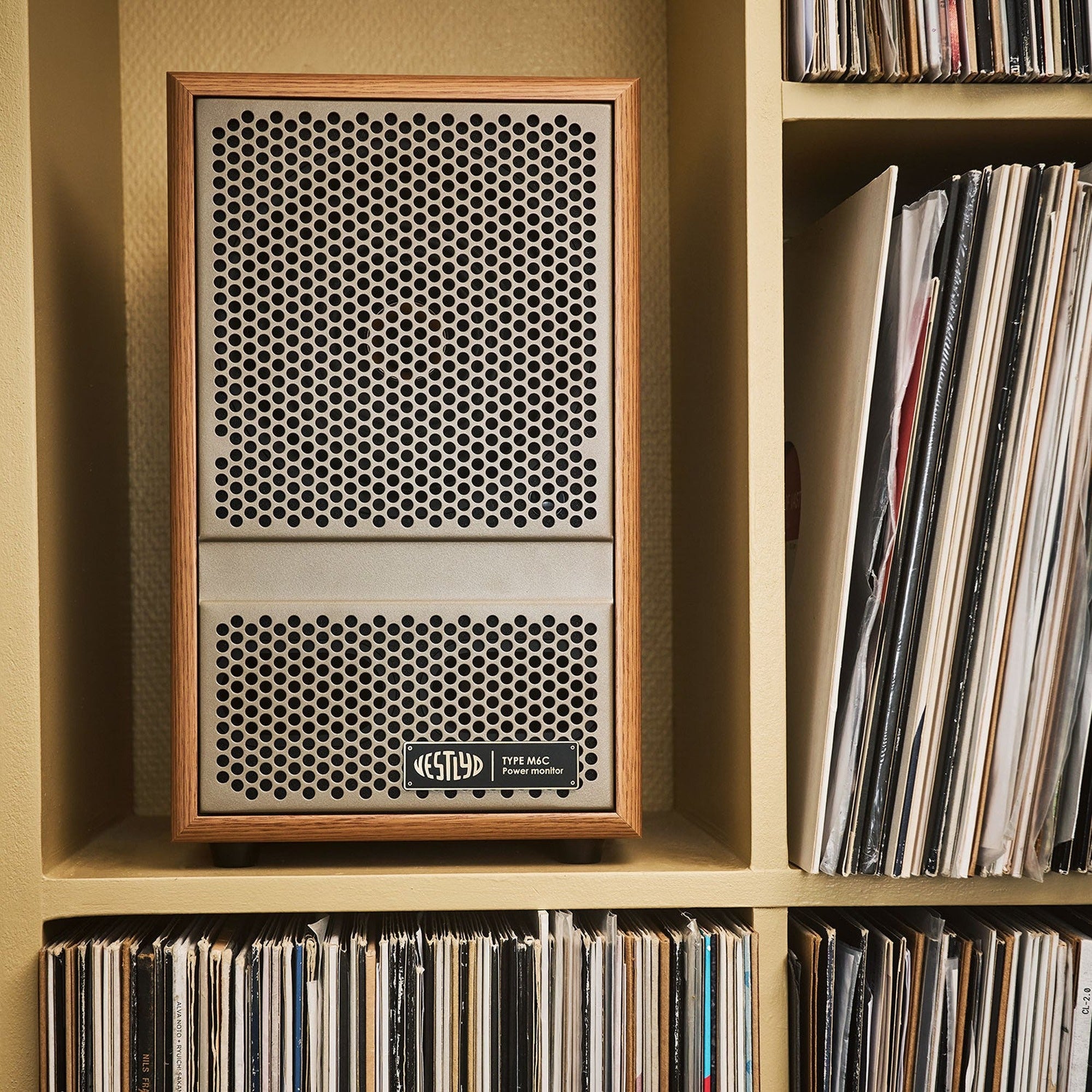 Vestlyd M6C Active in Oak on a shelf above a vinyl record collection