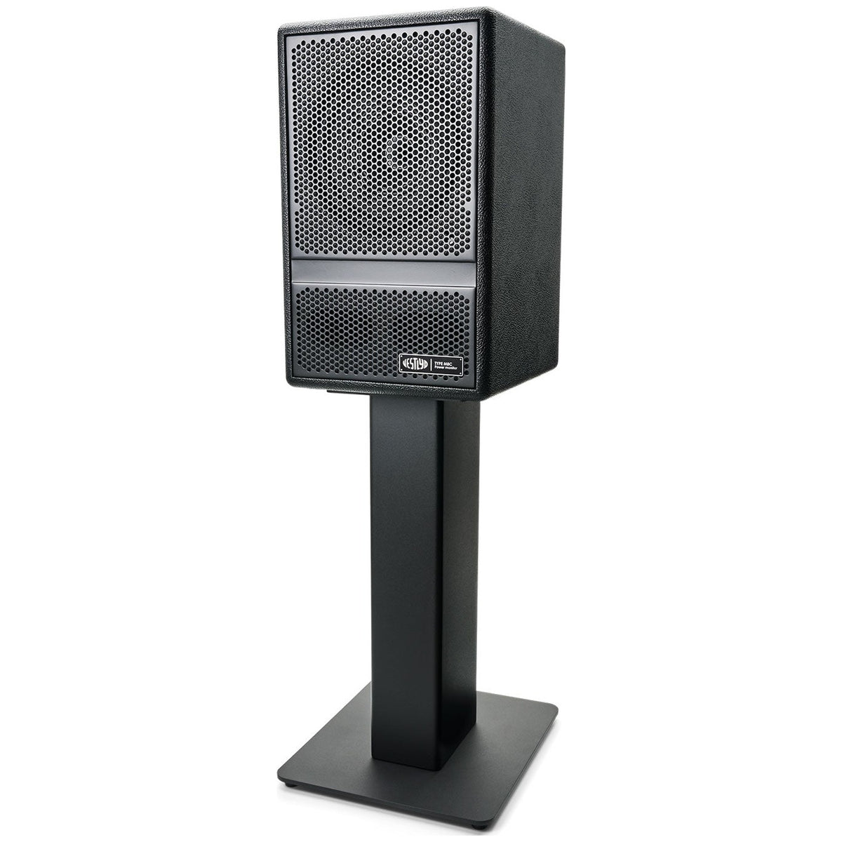 Vestlyd M8C Active in Black mounted on Vestlyd M-Stands speaker stand