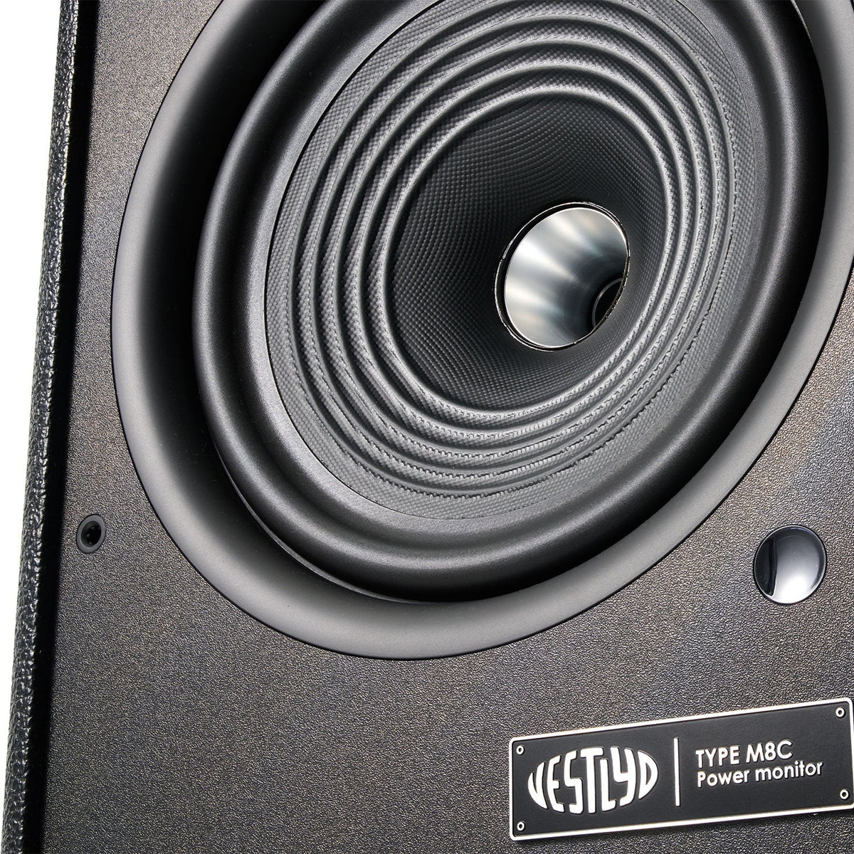 Close-up of the Vestlyd M8C Active 8-inch coaxial paper woofer with titanium dome tweeter