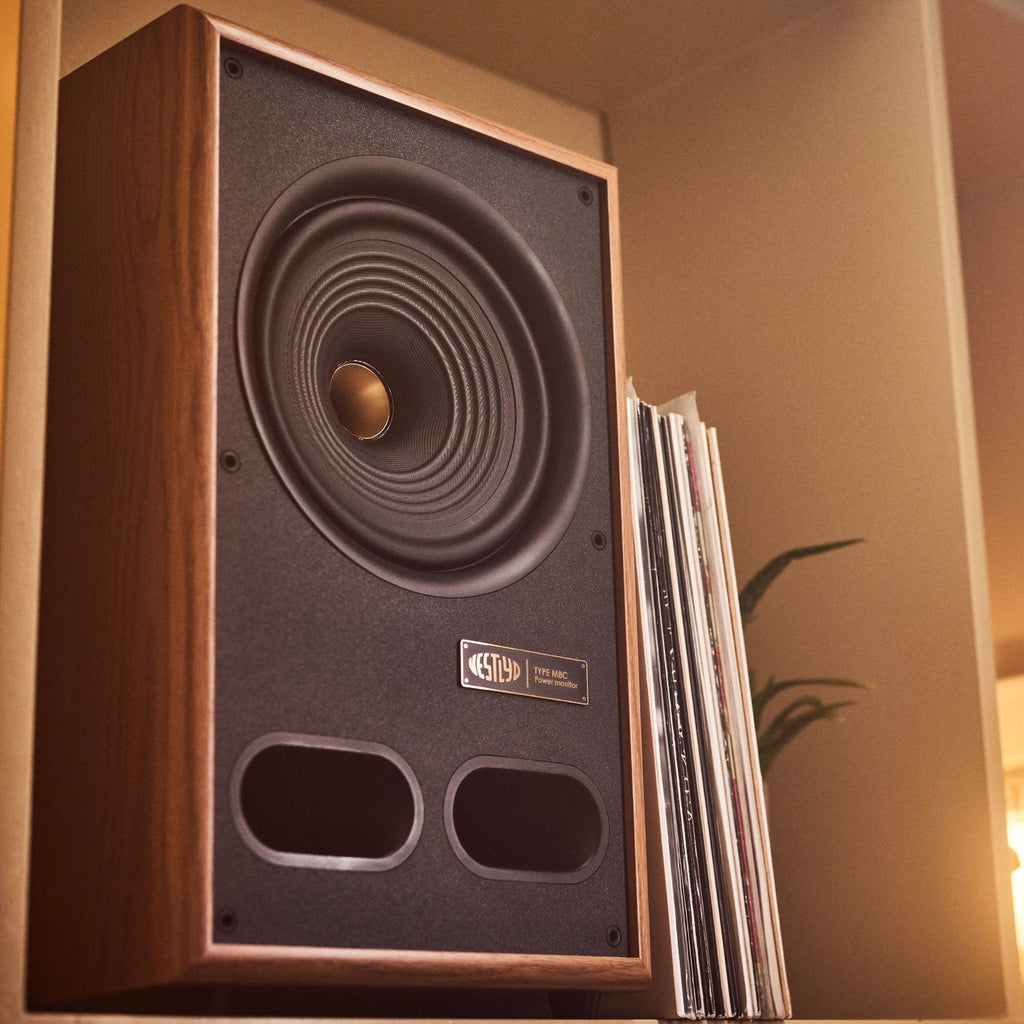 Vestlyd M8C Active in Oak standing beside a vinyl record collection
