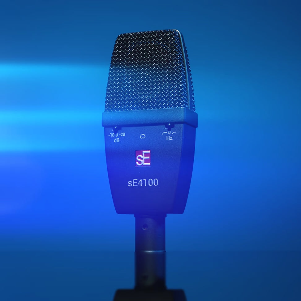 sE Electronics sE4100 condenser microphone with black body and metal grille, shown on a plain background.