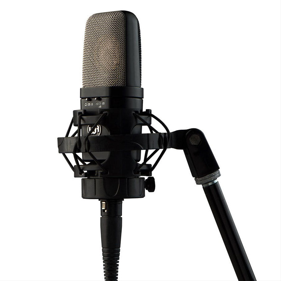 Warm Audio WA-14 condenser microphone shown with its sleek design and grille for studio recording and vocals.
