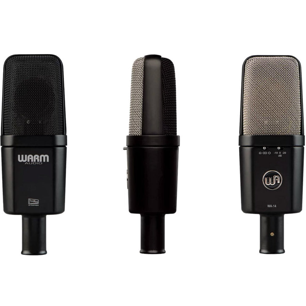Warm Audio WA-14 condenser microphone with gold finish and vintage-inspired design, mounted on a stand for studio recording.