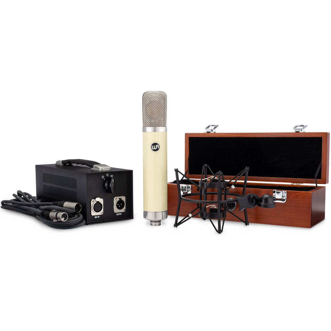 Warm Audio WA-251 condenser microphone shown with its vintage design and large capsule for studio vocal and instrument recording.