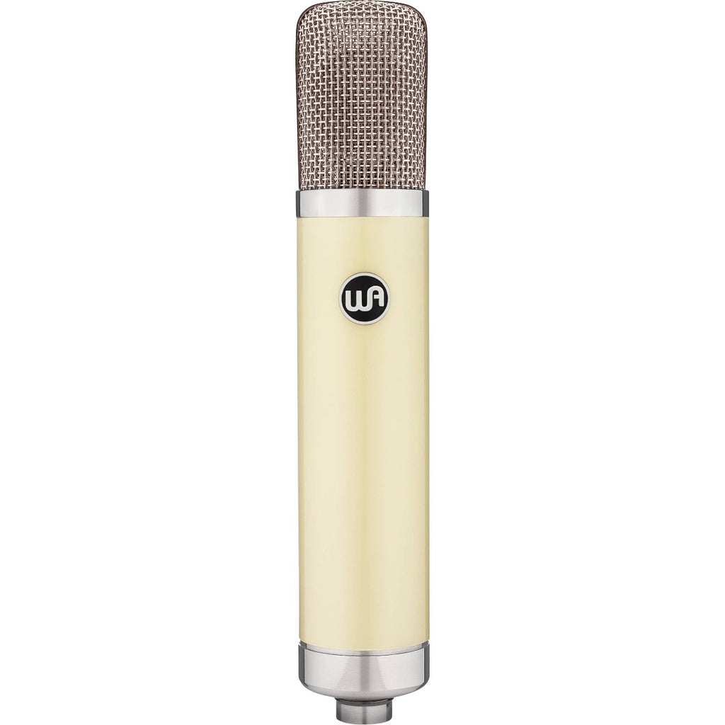Warm Audio WA-251 condenser microphone shown with vintage-style silver design and detailed grille for studio recording.