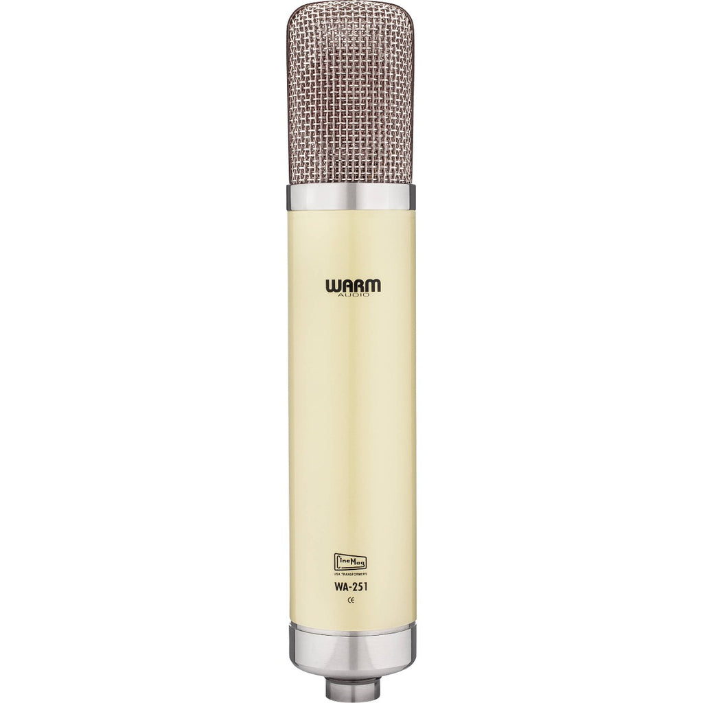 Warm Audio WA-251 condenser microphone shown with vintage-inspired design and professional-grade audio capturing capabilities.