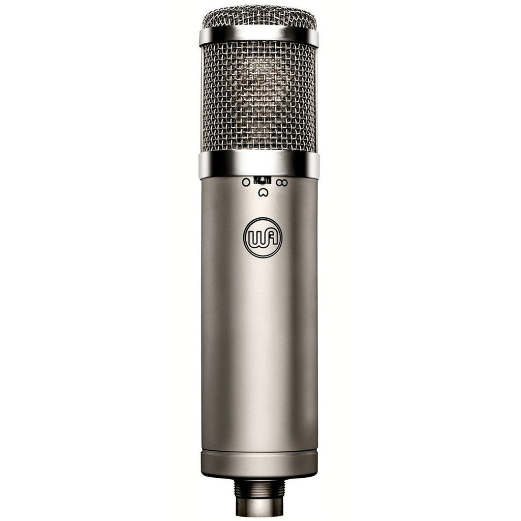 Warm Audio WA-47jr FET condenser microphone shown with silver body and vintage-style grille for studio recording.