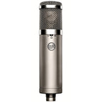 Warm Audio WA-47jr FET condenser microphone shown with silver body and vintage-style grille for studio recording.