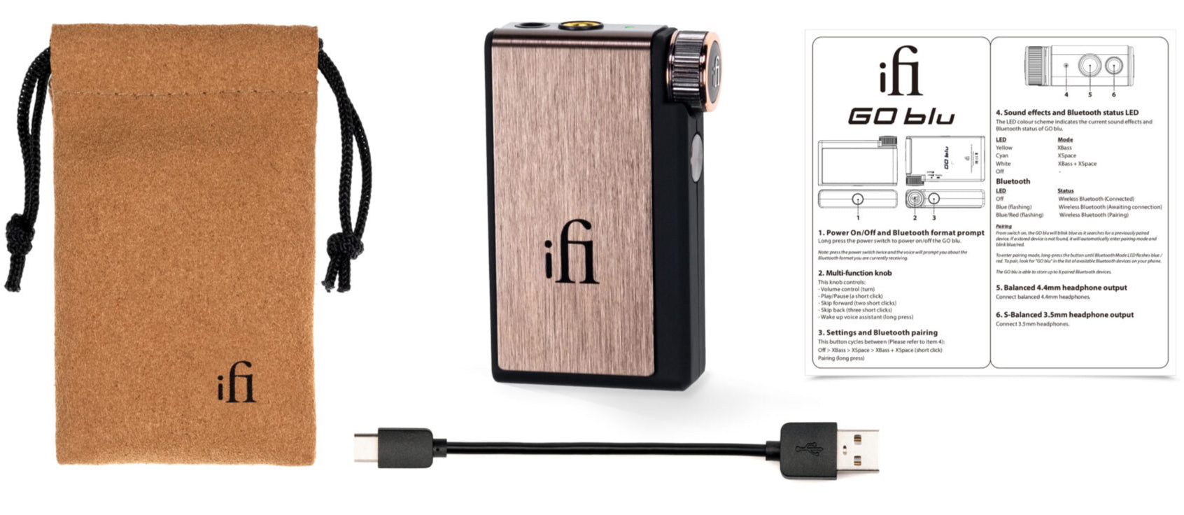 iFi Audio Go BLU headphone amplifier and DAC in the box, compact device with controls and ports for high-quality audio.