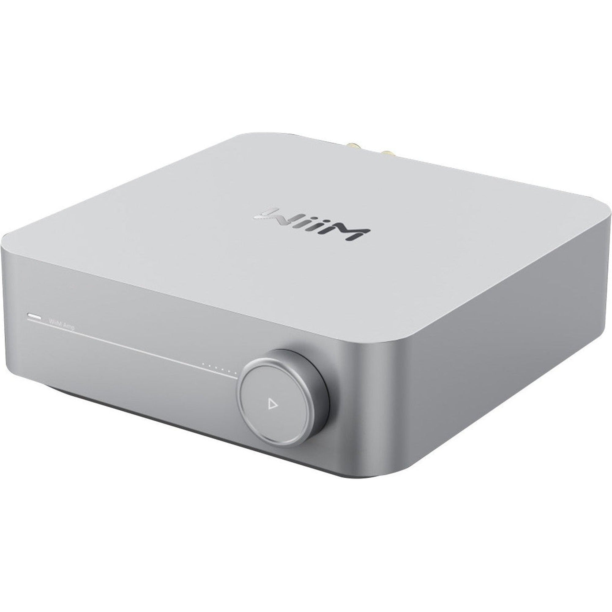 WiiM AMP music streamer device with sleek design, front display, and control buttons, designed for high-quality audio streaming.