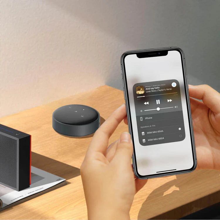 WiiM Mini music streamer, in use