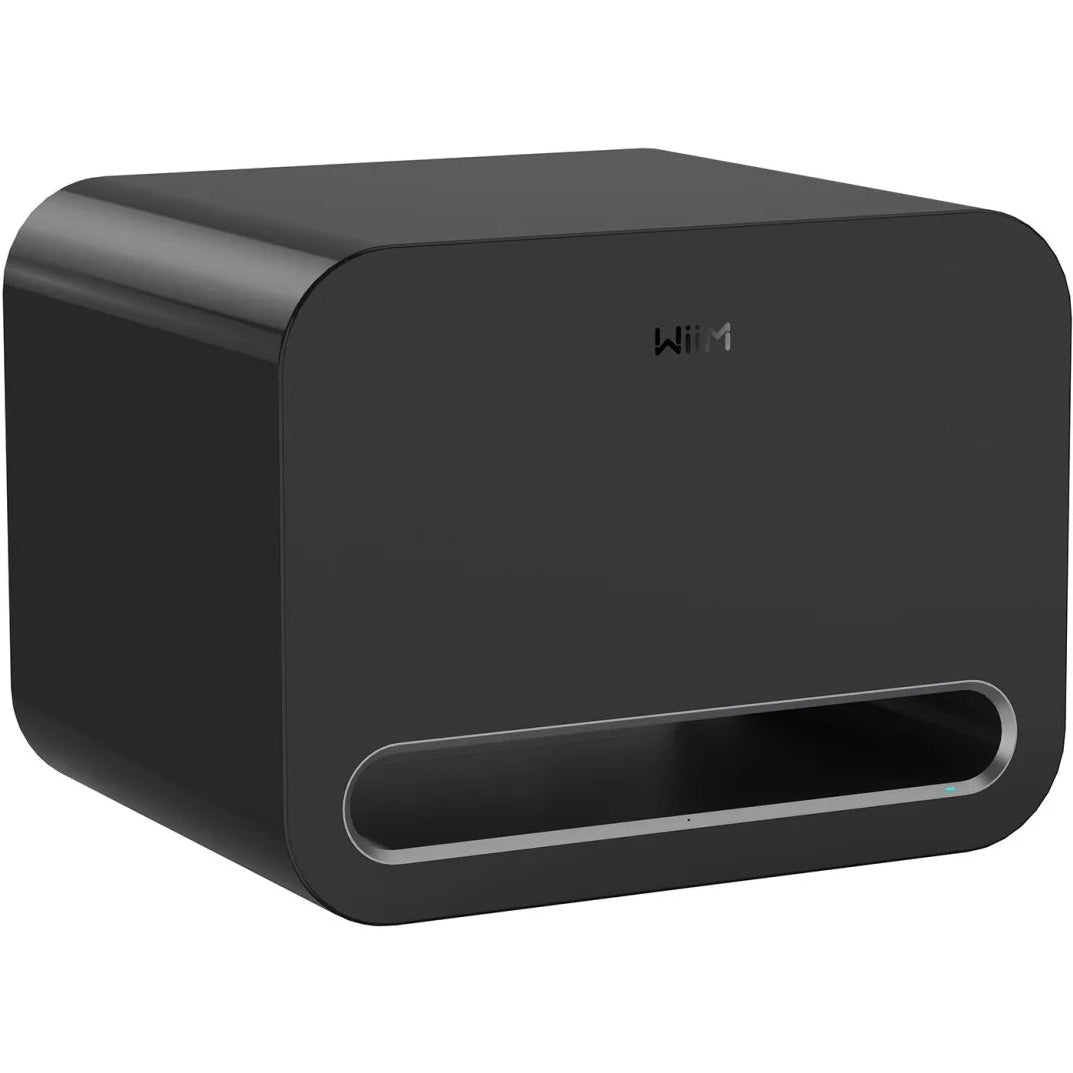 WiiM Sub Pro wireless 8-inch smart subwoofer with 250W power, Wi-Fi and Bluetooth connectivity in black.