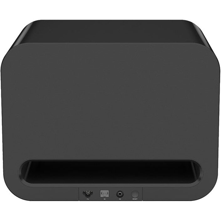WiiM Sub Pro subwoofer for enhanced bass, black compact design with control knobs and audio connections visible.
