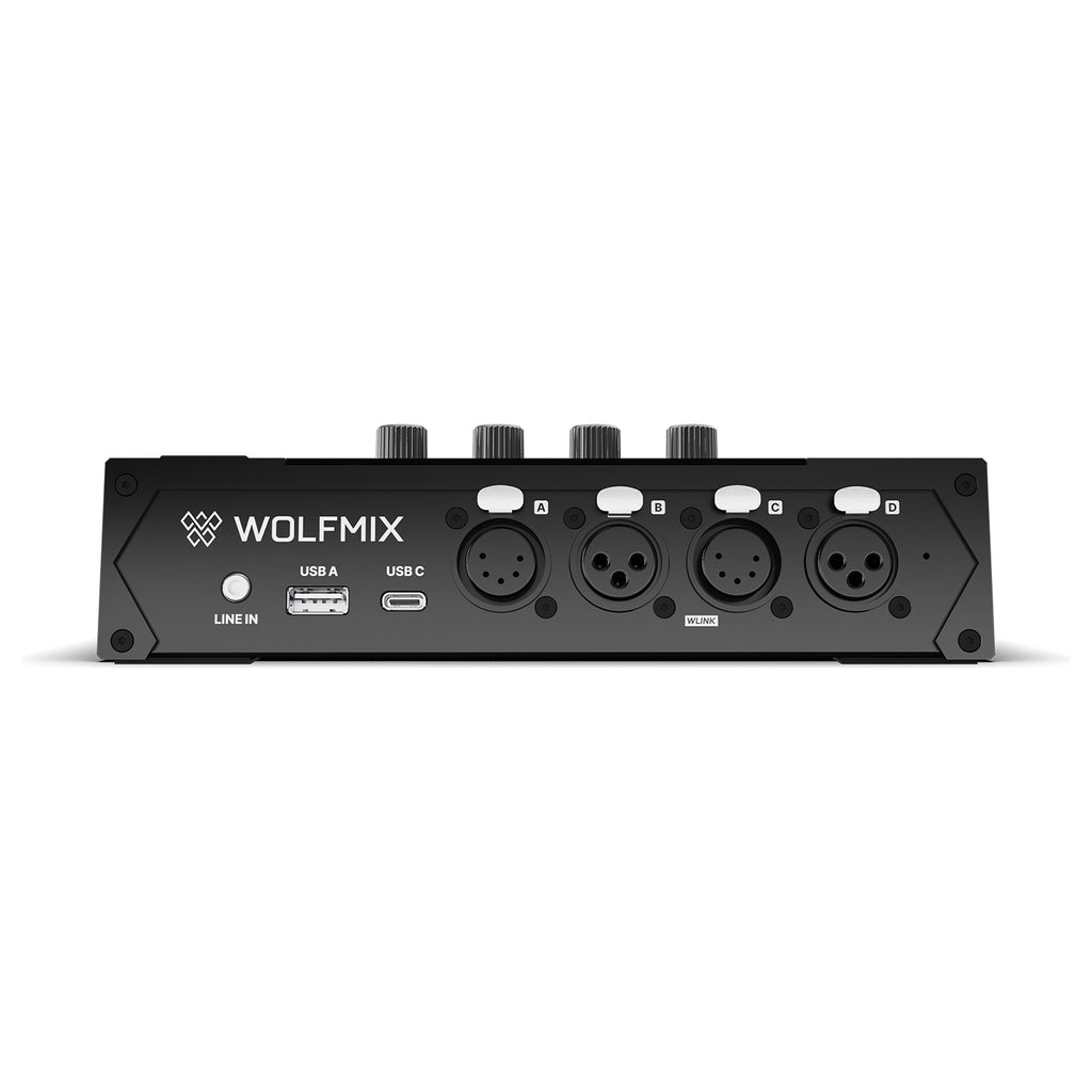 Wolfmix W1 MK3 rear panel with USB-C, USB-A and DMX XLR connectors