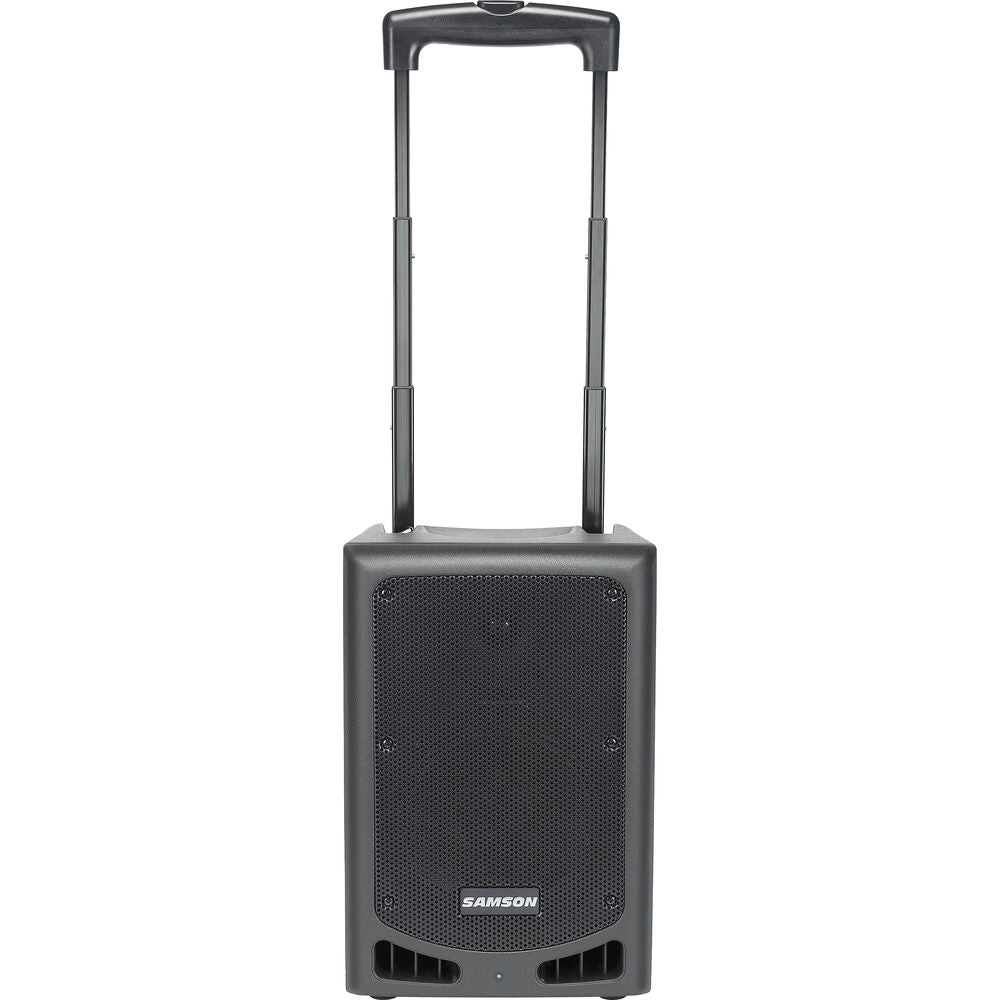 Samson XP208W portable PA system with dual speakers and mixer, ideal for events and outdoor gatherings.