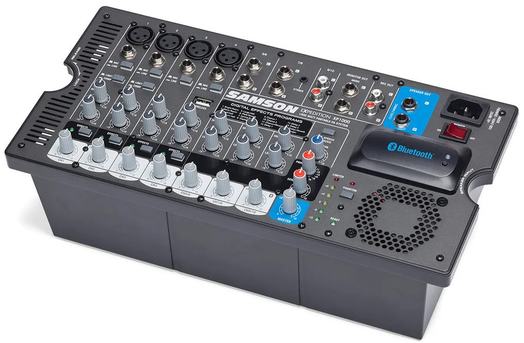 Samson Expedition XP1000 PA speaker system with mixer, angled view showing audio controls and speaker design.