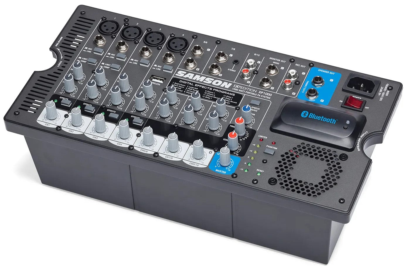 Samson Expedition XP1000 PA speaker system with mixer, angled view showing audio controls and speaker design.