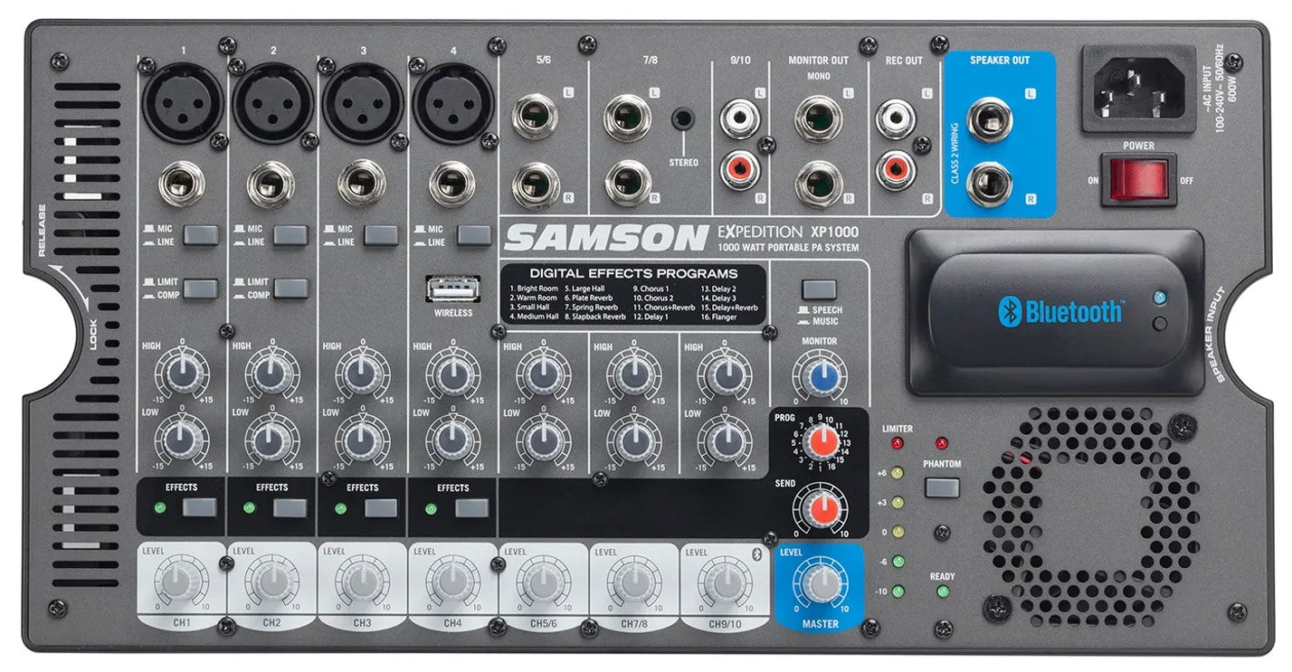 Samson XP1000 PA speaker system with mixer head, showing front view of the professional audio equipment.