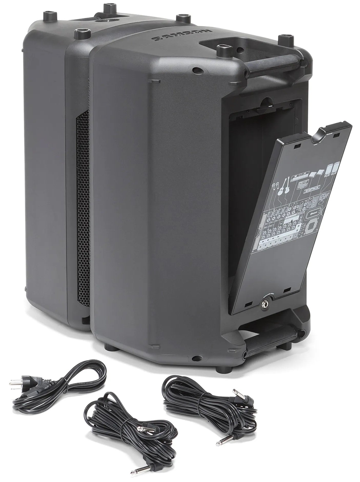 Samson Expedition XP1000 PA speakers stacked together, showing their robust design and portable setup for sound systems.