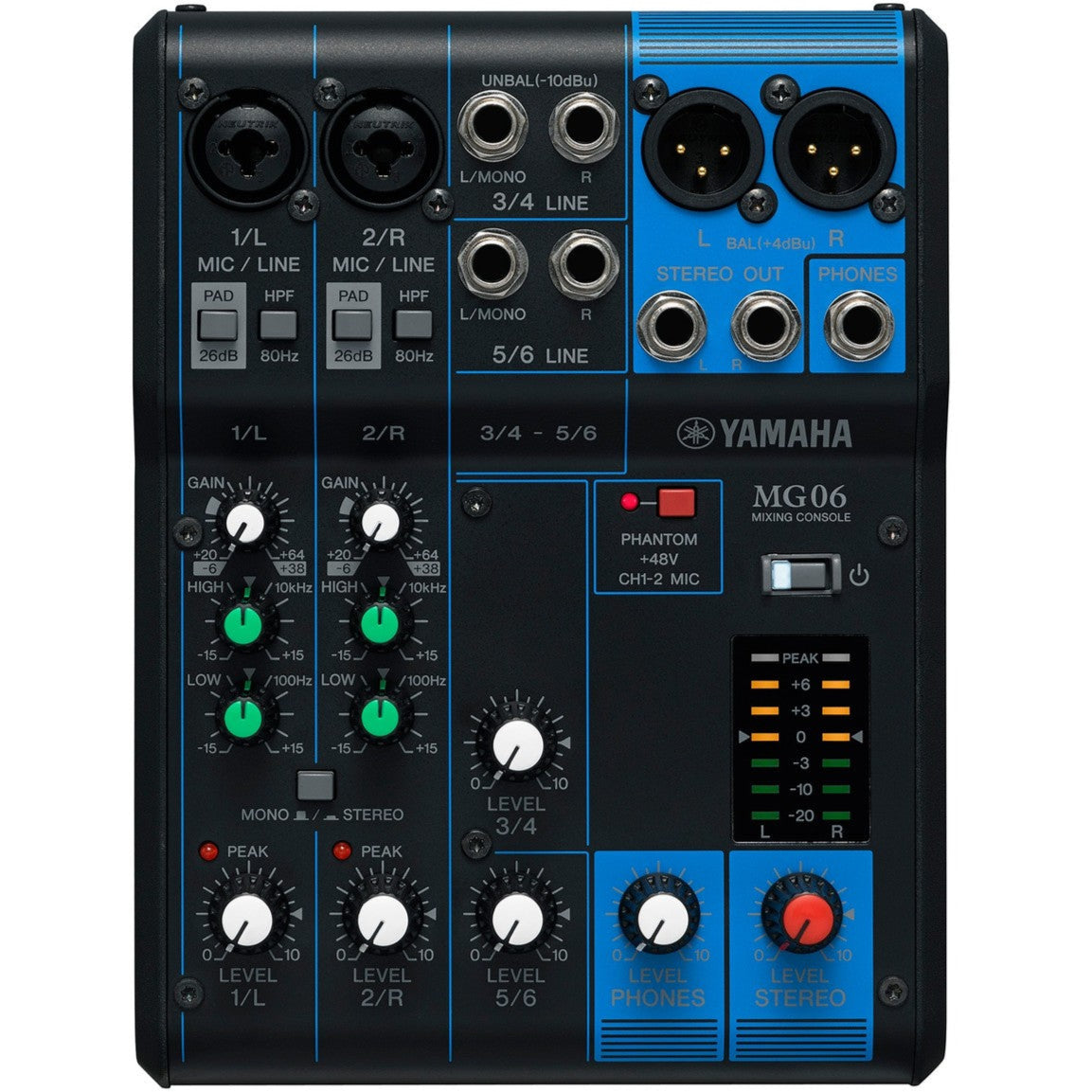 Yamaha MG06 analog mixer with two channels, featuring input knobs and level controls, compact professional audio equipment