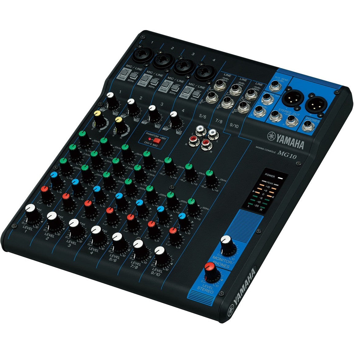 Yamaha MG10 analog mixer with multiple input channels, knobs, and faders for sound control in a professional audio setup.