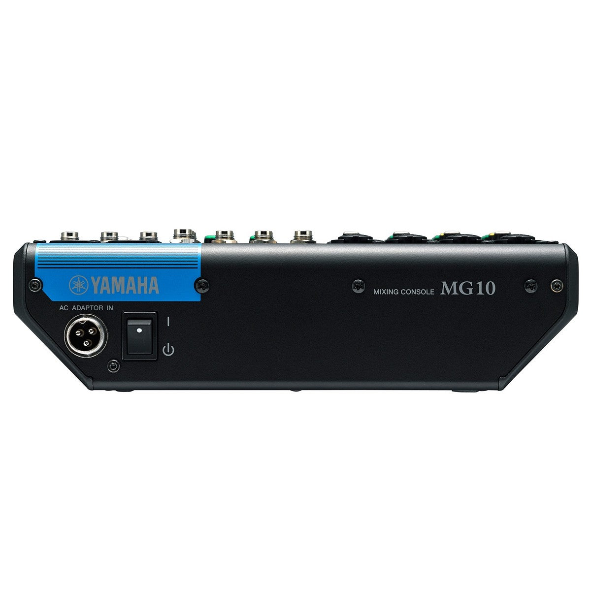 Yamaha MG10 analog mixer with multiple input channels, knobs, and sliders for audio control and mixing.