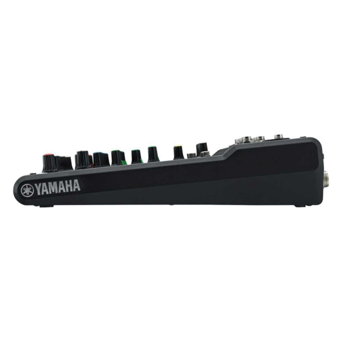 Yamaha MG10 analog mixer with multiple input channels, knobs, and sliders for audio mixing and sound control.