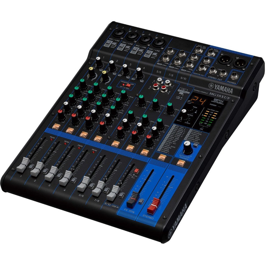 Yamaha MG10XUF analog mixer with multiple input channels, knobs, and faders for live sound and recording setups.