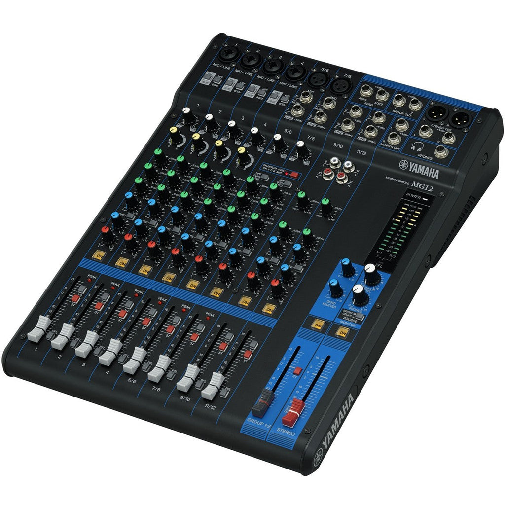 Yamaha MG12 analog mixer with multiple input channels and control knobs, used for professional audio mixing.