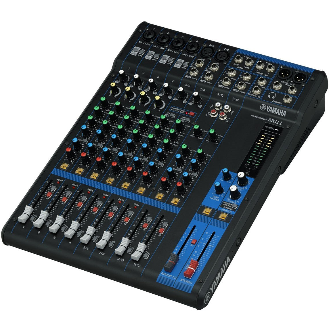 Yamaha MG12 analog mixer with multiple input channels and control knobs, used for professional audio mixing.