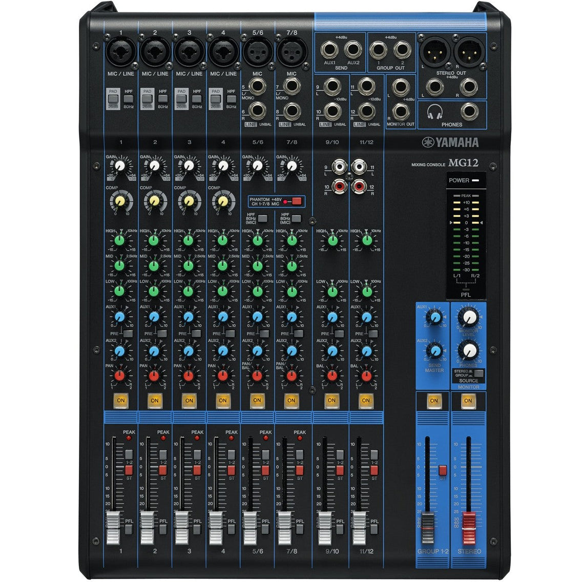 Yamaha MG12 analog mixer with 12 channels, featuring multiple knobs and input ports, suitable for live sound and studio use.