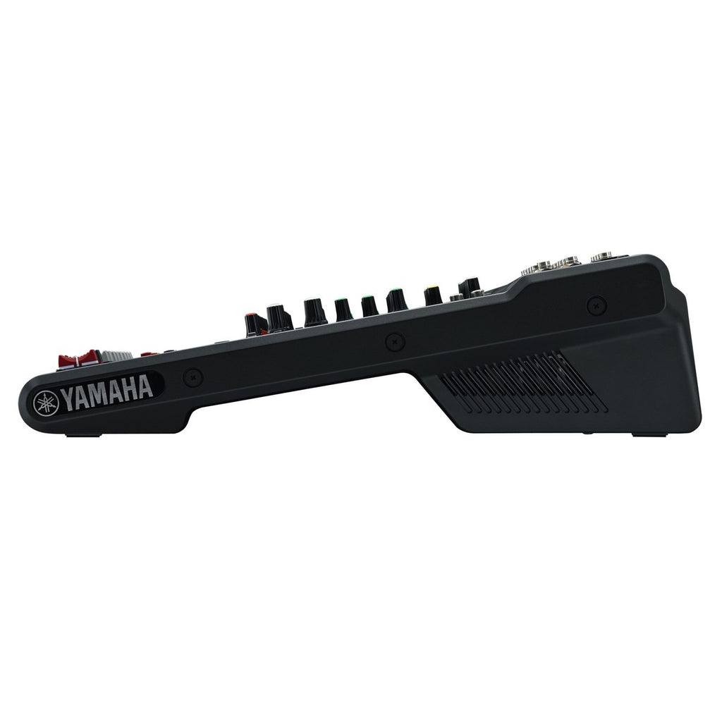 Yamaha MG12 analog mixer with multiple input channels, knobs, and faders for professional audio mixing.