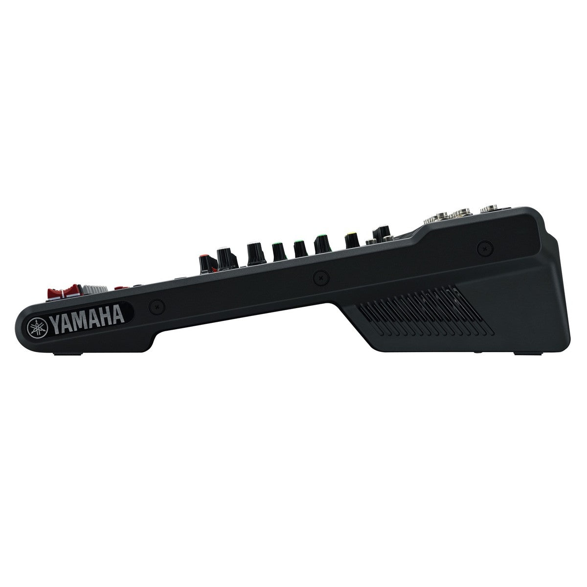 Yamaha MG12 analog mixer with multiple input channels, knobs, and faders for professional audio mixing.