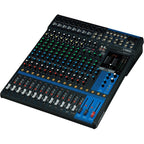Yamaha MG16XU analog mixer with multiple input channels and control knobs, used for audio mixing and sound engineering.